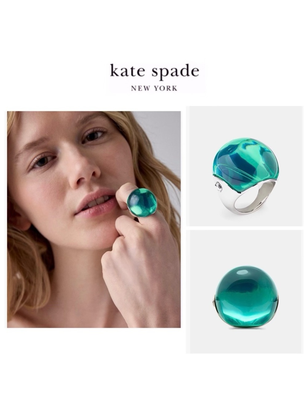 NWT Kate Spade ♠️ GLOW UP Silver Plated Brass Green Resin Statement Ring
